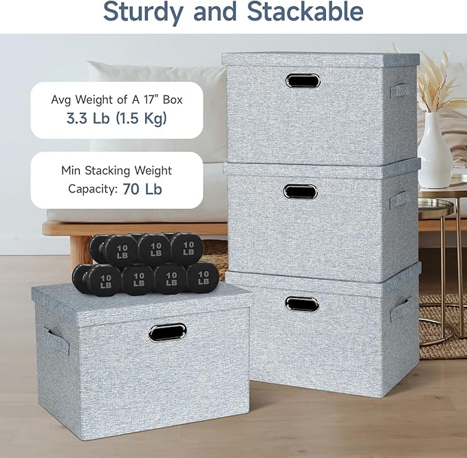 Graciadeco Large 17 36 Quart Collapsible Stackable Storage Bins with Lids 3 Packs Blue-Grey Linen Fabric Closet Boxes with Lids Storage Cube Baskets Container Organizers for Bedroom (17x12x11)