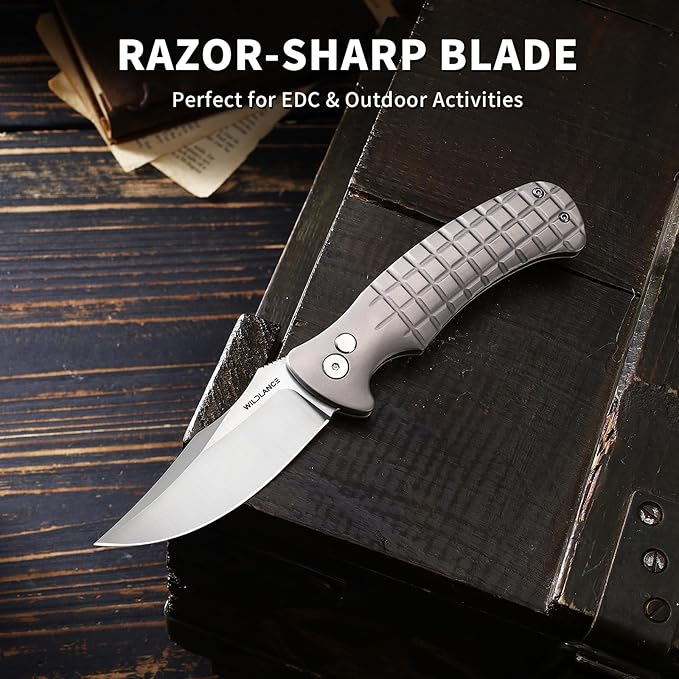 Small EDC Pocket Knife for Men &amp Women - 3 Trailing Point D2 Blade Titanium Handle with Button Lock &amp Pocket Clip | Small Slim Cool Folding Knife for Daily Carry Camping Hiking &amp Outdoo