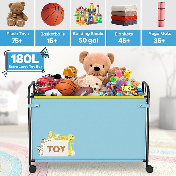 180L Kids Extra Large Toy Box with Wheels for Boys Girls 31.5 x 15.7 x 23.2 Big Toy Chest with Handle Toy Storage Organizer for Living Room Area Stuffed Animals Clothes(Blue 1PC)