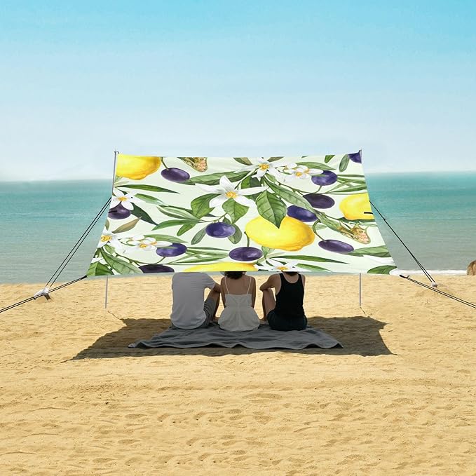 Beach Canopy with Windproof Ropes &amp Sandbags Beach Tent Sun Shade Sun Shelter for Camping Trips Fishing Backyard Fun or Picnics Lemon
