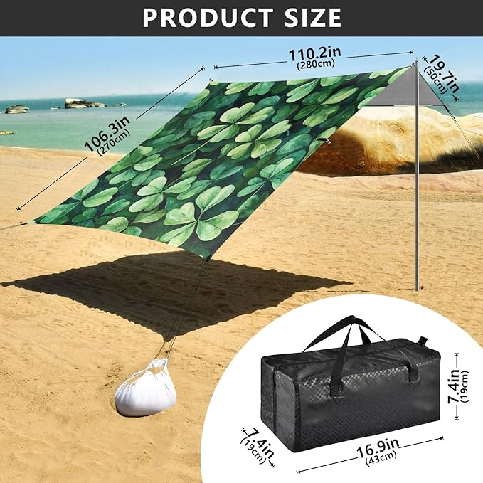 ALAZA Four Leaves Chamrock Leaves St. Patrick's Day Beach Tent Sun Shelter Portable Canopy Sunshade for Outdoor Camping Picnics Backyard Fun 10x9 ft