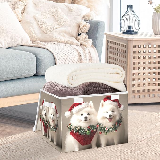 Storage Cube with Lid Dogs Christmas Print 16.5×12.6×11.8 IN Collapsible Large Capacity Foldable Storage Basket Bin Organizer