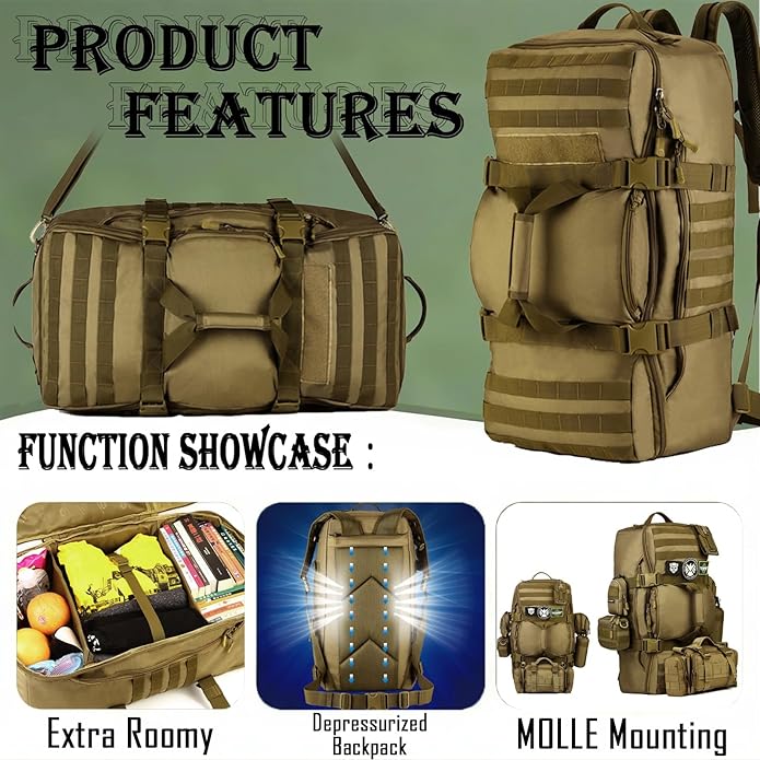 60L 3-in-1 Tactical Backpack MOLLE Duffle Bag with Versatile Carrying Modes Backpack Crossbody Hand-Carry.