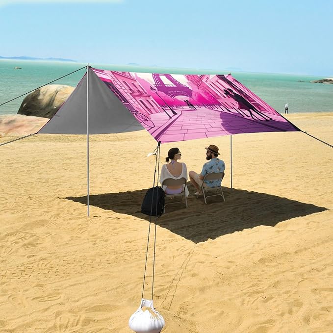 Beach Canopy with Windproof Ropes &amp Sandbags Beach Tent Sun Shade Sun Shelter for Camping Trips Fishing Backyard Fun or Picnics Eiffel Tower