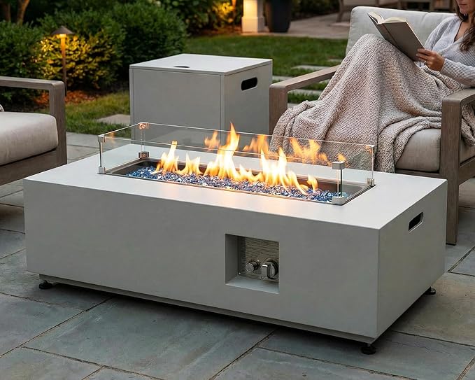 NICESOUL 42 Outdoor Propane Fire Pit Table 50000 BTU Rectangle Natural Gas Firepit with Tank Table No Assembly Low Profile Fire Table for Outside Patio &amp Backyard CSA Certified Grayish White