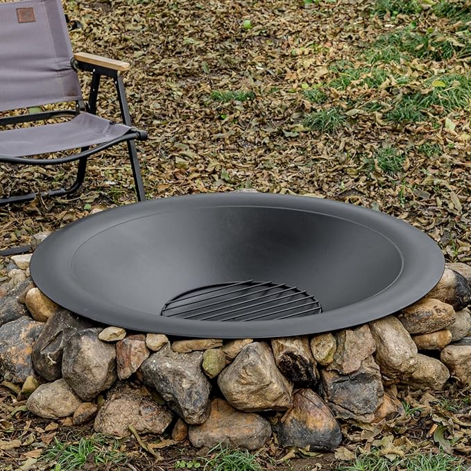 OutVue 35 inch Steel Fire Pit Bowl for DIY or Replacement Existing Fire Pits Wood Burning Fire Pit Bowl with Spark Screen &ampFire Poker Fireplace for Backyard Porch Deck Camping BBQ(Smooth)