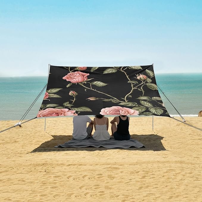 ALAZA Vintage Pink Rose on Black Beach Tent Sun Shelter Portable Canopy Sunshade for Outdoor Camping Picnics Backyard Fun 10x9 ft
