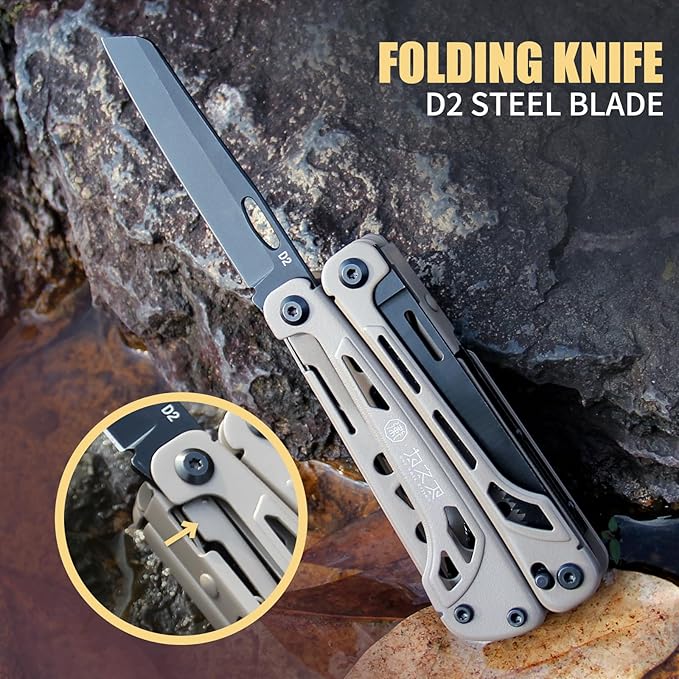 Light Seeking multitool 20-in-1 EDC Multi tool with Needle Nose Pliers and Wire Stripper Tools Gifts for Men Survival and Camping Gear D2 Steel sand (Light Seeking D2 steel sand)