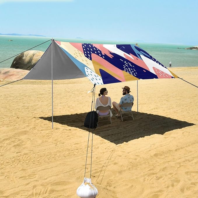 Beach Canopy with Windproof Ropes &amp Sandbags Beach Tent Sun Shade Sun Shelter for Camping Trips Fishing Backyard Fun or Picnics Mountain