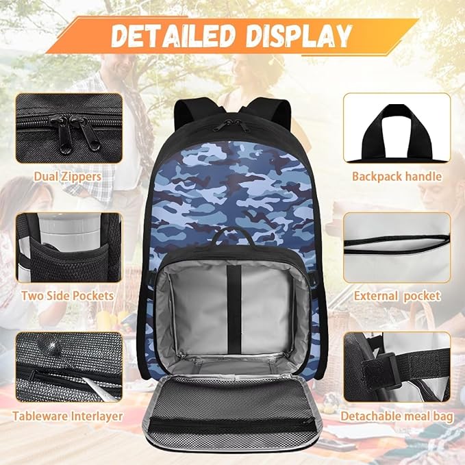 Blue Camo Backpack with Lunchbox Polyester Bookbag for Men Insulated Lunch Bag for Work Lightweight School Bag with Adjustable Shoulder Strap for Travel