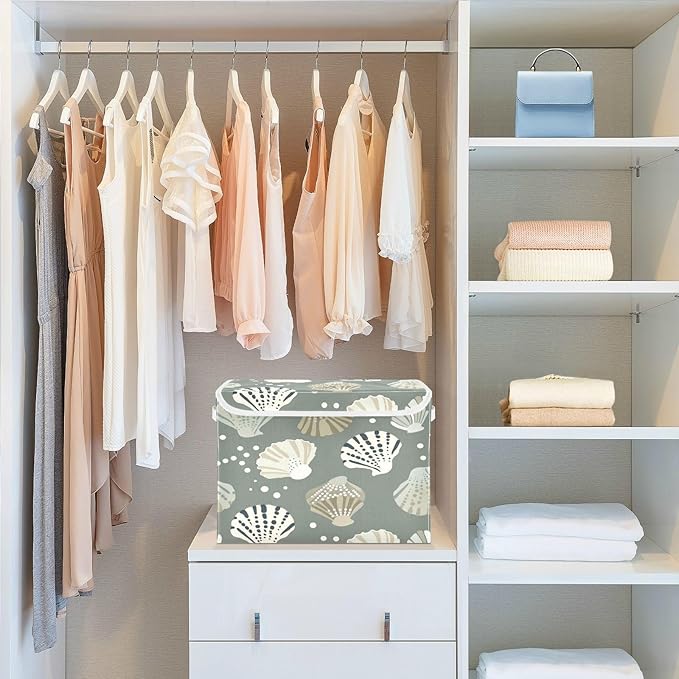 Storage Bins With Lid Stackable Fabric Closet Organizer Clothing Storage Large Boxes For Closet Shelves Bedroom Gray Seashell Pattern