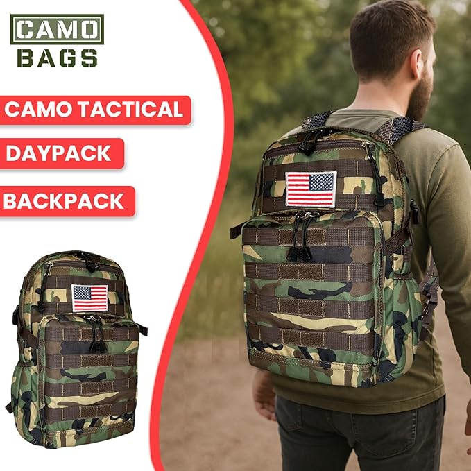 Camo Tactical Daypack Backpack - 1000D Polyester Tactical Backpack with Multi Compartments Air-Mesh Padded Back Side Compression &amp Adjustable Shoulder Straps - Travel Backpack Use for Outdoor &a