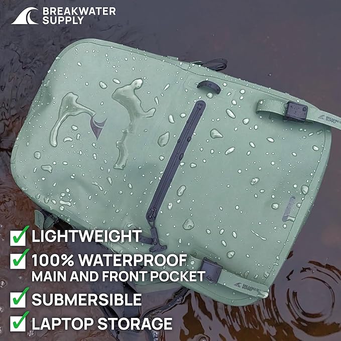 Breakwater Supply™ River Ute Waterproof IP68 Fishing Backpack Floating TPU Submersible Dry Bag with Padded Hip Belt and Airtight Zippers | 20L (River Ute 20L Marsh Green)