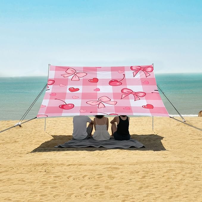 ALAZA Pink Checkered Background Cherry Bow Pattern Beach Tent Sun Shelter Portable Canopy Sunshade for Outdoor Camping Picnics Backyard Fun 10x9 ft