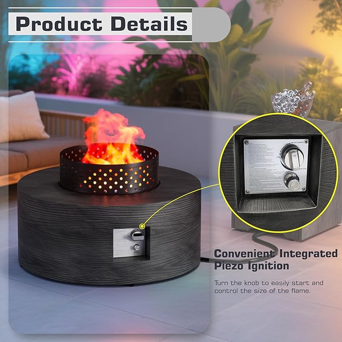 2-Piece 30 Round Propane Fire Pit for Outside Patio with Hidden Tank Table 50000 BTU Fireplaces with Wind Guard Lid Glass Rocks Cover(Wood Grain Ebony)