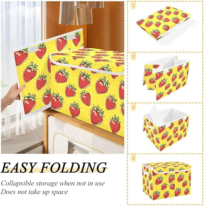Cartoon Strawberry Storage Cube Bins Basket with Lid Collapsible Flip-top Fabric with Handle for Home Bedroom Closet Office 16.5×12.6×11.8 in