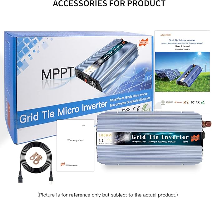 Marsrock 1000W MPPT Pure Sine Wave Grid-Tie Micro Inverter Converts 20-50V DC to 110V/120V AC Perfect for Home Solar or Wind Power Systems.