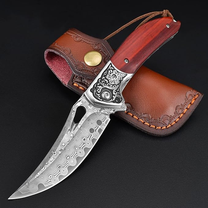 KOMWERO Damascus Pocket Knife for Men Women Sharp VG10 Core Damascus Steel Knife for Outdoor Camping Survival Hunting - Wood Handle Ball Bearing Leather Sheath Liner Lock