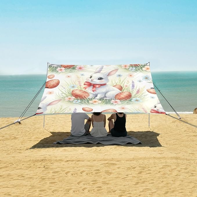 xigua Easter Bunny Beach Tent Sun Shelter with Carrying Bag - Silver Coated Oxford Fabric Beach Canopy for Beach Camping Fishing - Includes Windproof Ropes Sandbags &amp Stakes