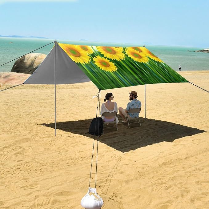 Beach Canopy with Windproof Ropes &amp Sandbags Beach Tent Sun Shade Sun Shelter for Camping Trips Fishing Backyard Fun or Picnics Sunflowers