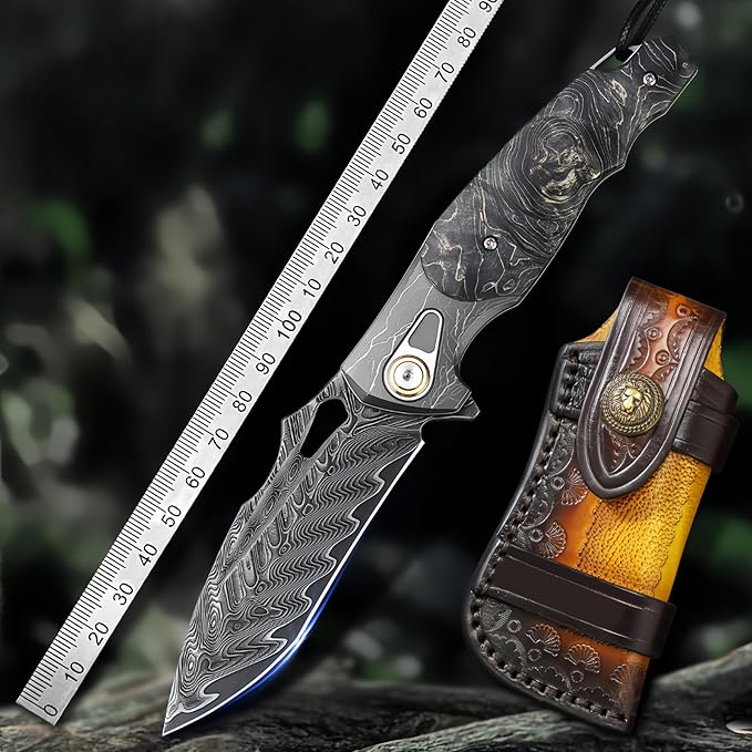 Damascus Steel Folding Knife Camping Knives &amp Tools Folding Knife HRC 60 Vegetable Tanned Leather Sheath personalized Engraving Compact Folding Knife with Pocket Clip for Camping Gift for M