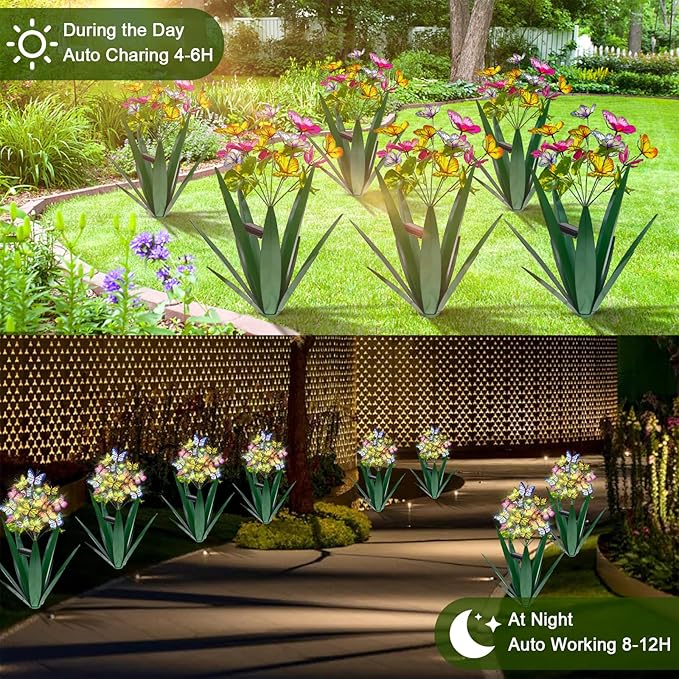 Homight Solar Metal Agave Butterfly Flower Stick Garden Sculpture - Outdoor Gift Christmas Lights Swaying Butterfly Sunflower Lights - Solar Outdoor (2 pcs Green)