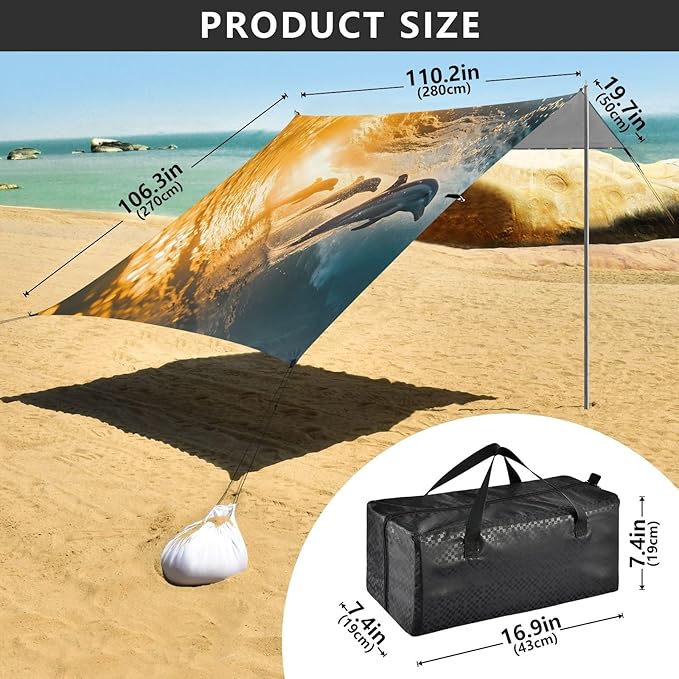 Dolphins Jumping Beach Tent Sun Shelter Set UPF50+ UV Protection 10.5 x 9.19 FT Camping Shade Canopy with Sandbags Sand Anchors Carrying Bag and Others