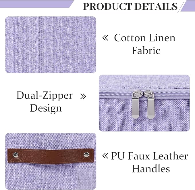 Lucky Monet 3PCS Storage Bins with Zipper Lids 10x8x7 Foldable Lidded Fabric Storage Boxes Baskets Cotton Linen Closet Shelf Clothes Organizer Container with Handles &amp Label Pocket (Purple Sma