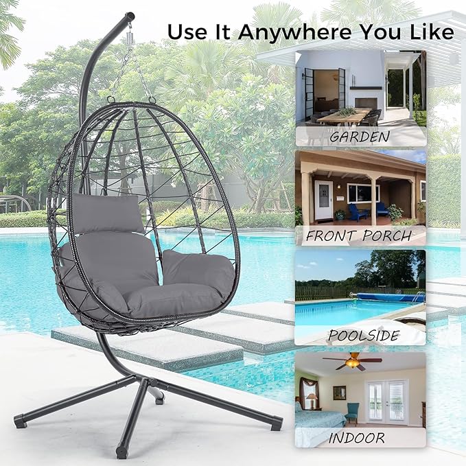 Hanging Egg Chair with Stand Black Wicker Rattan Swing Egg Chair Indoor Outdoor Swing Chair for Patio Balcony Porch Bedroom 350 LBS Capacity (Dark Gray)