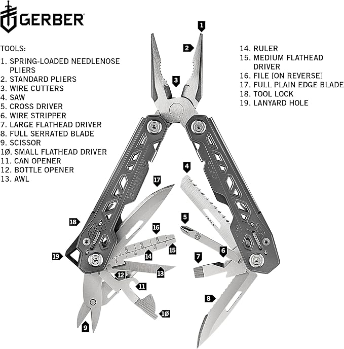Gerber Gear Truss 17-in-1 EDC Needle Nose Pliers Multi tool - includes Pocket Knife Screwdriver and Bottle Opener Accessories - Gifts for Men Fishing and Camping Gear - Gray with Standard Sheath