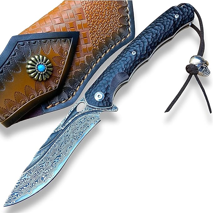 TACTICAL GEARZ Damascus Steel Pocket Knife for EDC Ebony (Black) Wood Handle Multi-Layered Damascus Steel Blade (Krato XT Beast Bundle)