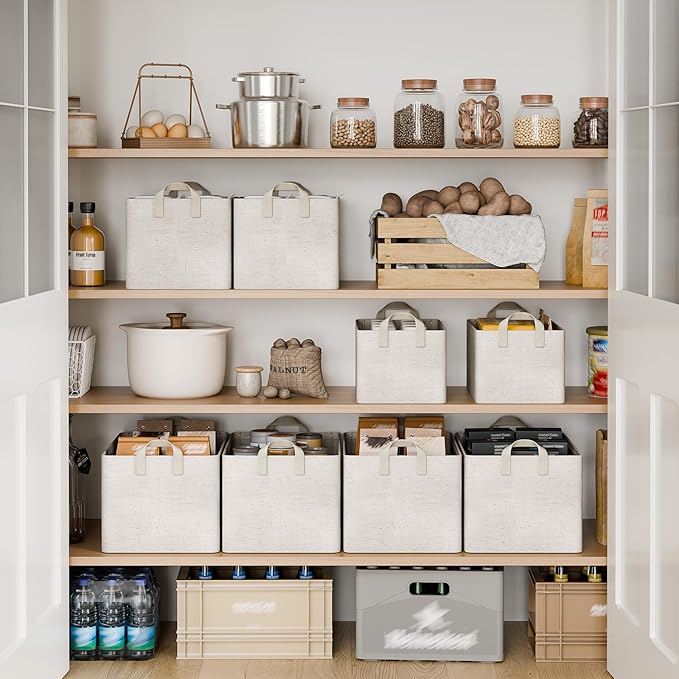 StorageWorks Storage Bins Shelves Baskets for Organizing Large Fabric Closet Organizers with Handles Metal Frame Beige-Cotton-linen 2-Pack