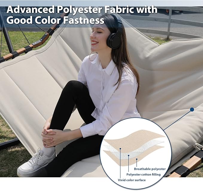 TegerDeger 12FT 2 Person Hammock with V Shaped Hardwood Spreader Bar &amp Nylon Rope for Outside Patio Garden Backyard Beach Poolside 450LB Capacity 55in x 79in - Beige