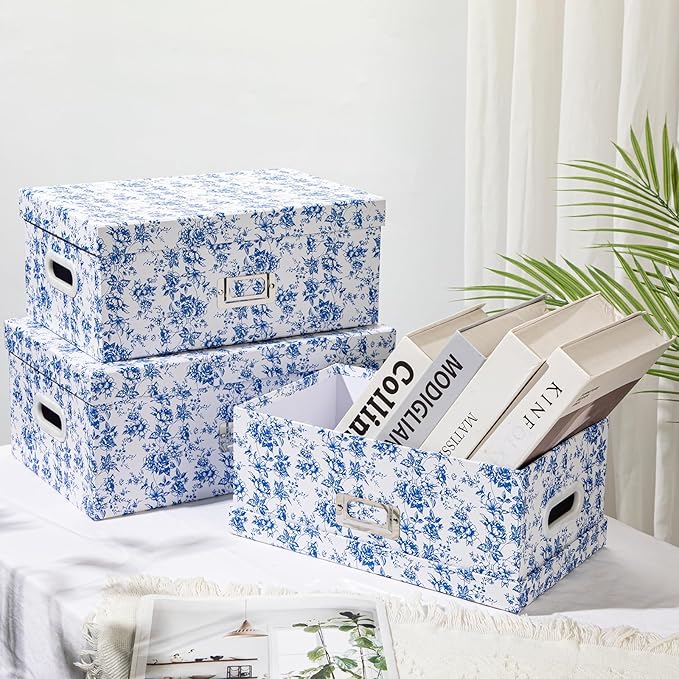 Briful Set of 4 Blue and White Storage Boxes with Lids – Photo Boxes Elegant Floral Nesting Organizer Bins 14''/13''/12.2''/7.5'' Set Decorative Cardboard Gift Boxes for Home or Office Use