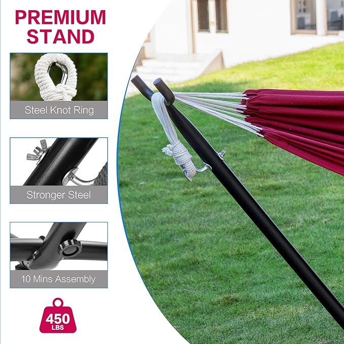 PNAEUT Double Hammocks with Stand for Outside Portable Space Saving Heavy-Duty Steel Stand for Indoor Outdoor Patio with Carrying Bag 450 lbs Capacity (Cherry)
