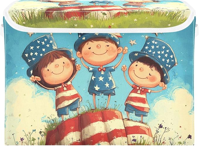 Collapsible Storage Bins with Lids Decorative Fabric Storage Cubes Closet Organizer and Storage Basket Boxes Containers for Clothes Box Chest Nursery Folding Rectangle July 4th Midgets Flag B