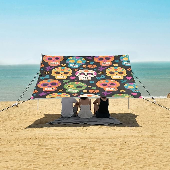 ALAZA Skull Black Background Pattern Beach Tent Sun Shelter Portable Canopy Sunshade for Outdoor Camping Picnics Backyard Fun 10x9 ft
