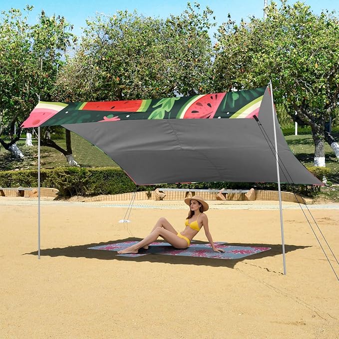 ALAZA Sliced Watermelon Palm Leave Beach Tent Sun Shelter Portable Canopy Sunshade for Outdoor Camping Picnics Backyard Fun 10x9 ft