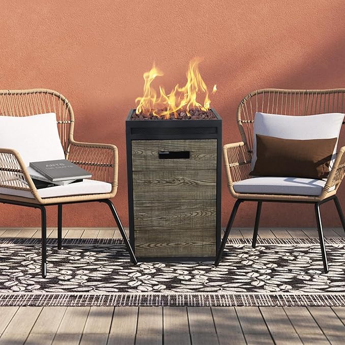 Afterglow Terrafab Grey Panels with Steel Frame 16 Square 40000 Btu Propane Fire Column Outdoor Wood Effect Fire Pit for Outdoor Patio Garden Backyard Decking Decor CSA Certificated
