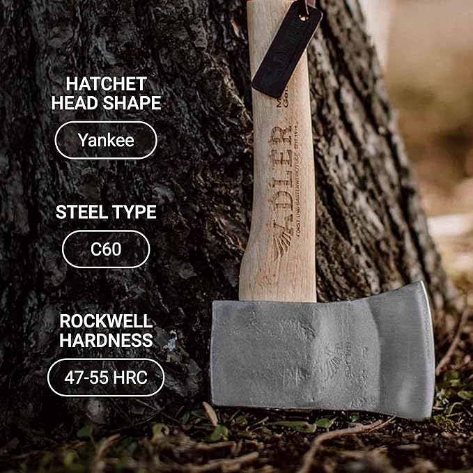 Adler Yankee Hatchet – German Forged Camping Hiking Hatchet w/ 15 Anti-Slip Hickory Handle 1-1/2 lb Head w/Leather Sheath &amp Storage Bag Compact Bushcraft Axe for Firewood Kindling Carving (A