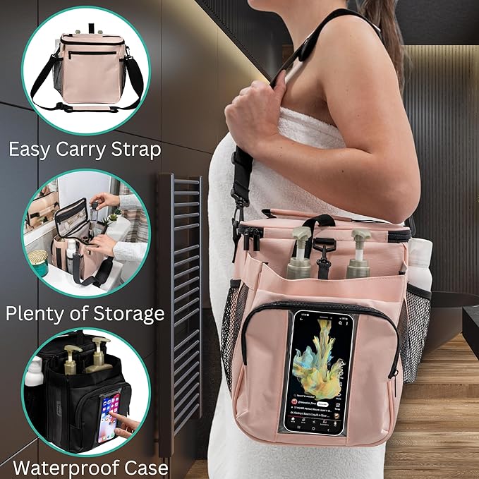 TERRA HOME XL Portable Shower Caddy Bag for Girls with Extra Storage Durable Mesh Bottom Shoulder Strap Keychain Holder Shower Caddy Case for College Dorms - Travel Vacation Essentials (Blush Pink)