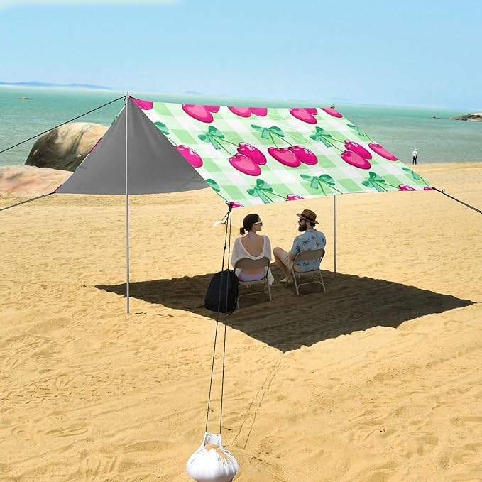 xigua Cherry Beach Tent Sun Shelter with Carrying Bag - Silver Coated Oxford Fabric Beach Canopy for Beach Camping Fishing - Includes Windproof Ropes Sandbags &amp Stakes