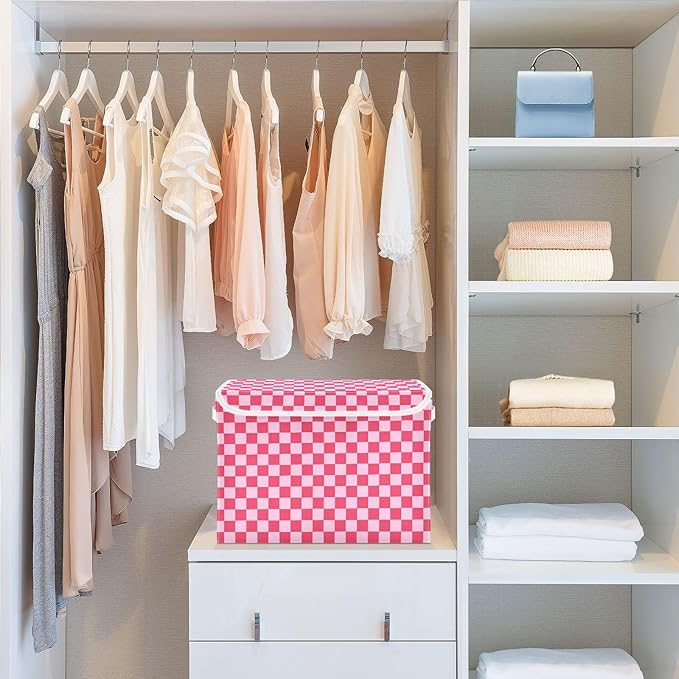 Light Pink Checkerboard Storage Baskets Lidded Bin Foldable Storage Boxes Cubes Lids with 2 Handles for Organizing Closet Home Office