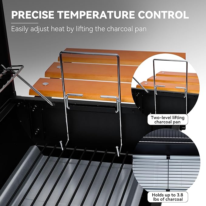 Royal Gourmet CC1624W Barrel Charcoal Grill with Offset Smoker 552 Sq. In. Cooking Area Wooden Front and Side Shelf with Hooks Mesh Bottom Shelf Charcoal Grill for Outdoor Grilling Black