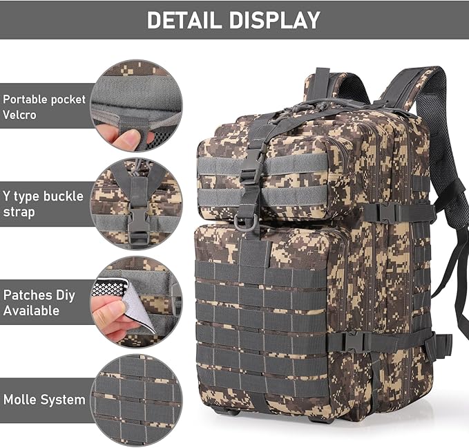 ShowyLive 3P Tactical Backpack Military Rucksack - 45L Large Hiking Backpack Waterproof Durable Camping Backpack for Men Women Travel Outdoor Sports Bug Out Bag (ACU)