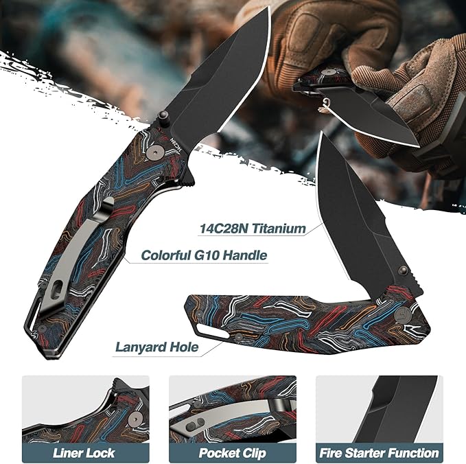 FINTISO Pocket Knife 3.26 Premium 14C28N Titanium Blade Colorful G10 Handle with Fire Starter Function Folding Knife with Pocket Clip for Men Women EDC Knife for Outdoor Camping Hunting Hiking