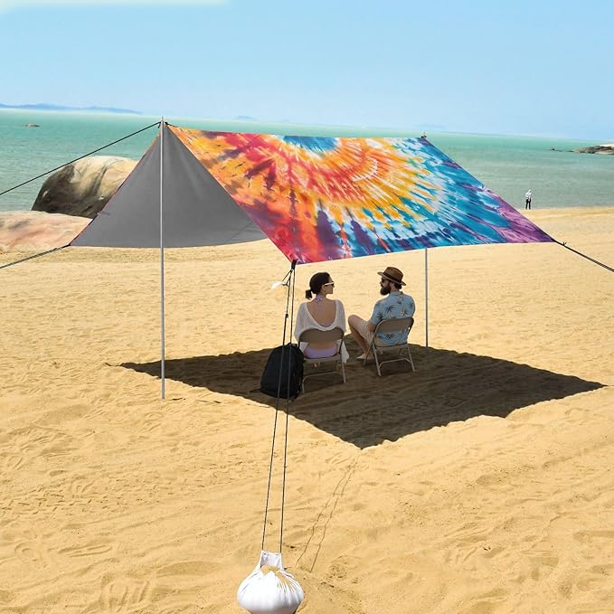 ALAZA Tie Dye Rainbow Color Beach Tent Sun Shelter UPF50+ Protection Beach Shade Canopy w/ 4 Sandbags for Outdoor Camping Fishing Backyard Fun Picnic 10x9 ft