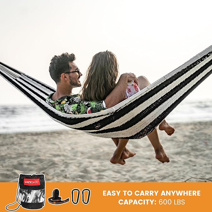 Lazy Daze Hammocks Handwoven Mayan Hammock 10.5 FT Soft Rope Double Hammocks Portable Outdoor Hammock with Carry Bag 2 Straps &amp Carabiners for Patio Outside 550 lbs Weight Capacity Black/Whit
