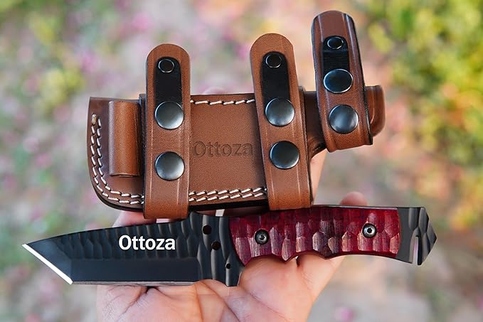 Ottoza Tanto Tactical Knife with Fixed Blade and Horizontal Carry Leather Sheath - Compact Military EDC Knife - Dark Red Micarta Handle 381