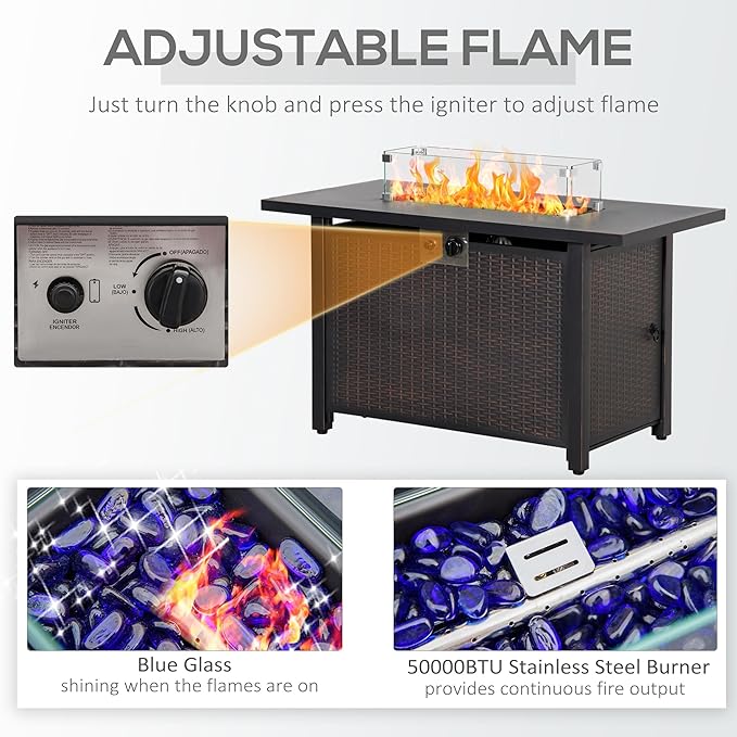 Outsunny 43 Inch Outdoor Propane Gas Fire Pit Table 50000 BTU Auto-Ignition Rectangular Wicker-Effect Gas Firepit with Glass Wind Guard Lid Glass Beads Steel Base CSA Certification Bronze
